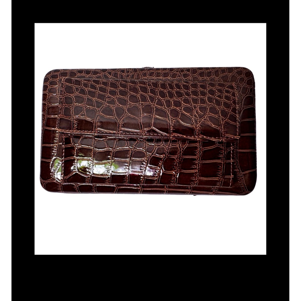 The Metropolitan Brown Croc Embossed Patent Faux Leather Hard Shel Clutch Wallet